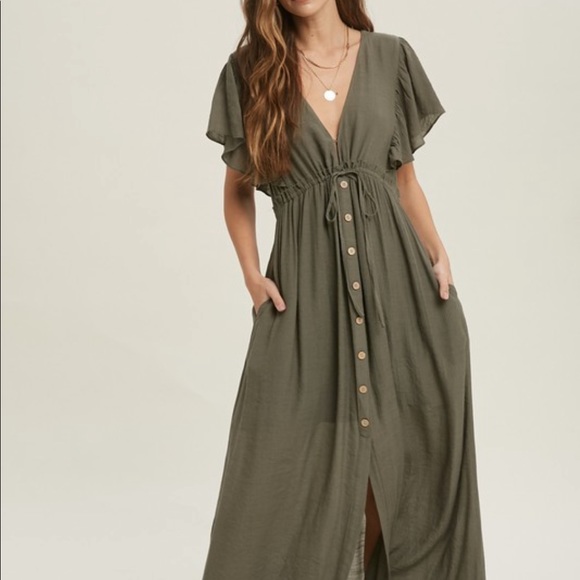 New Bohemian Long Olive Maxi Summer Dress Ruffled Sleeves - Picture 3 of 5